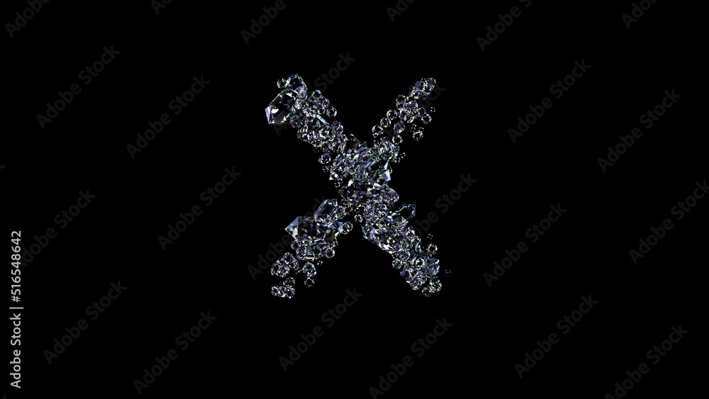 crystal glowing transparent diamonds letter X on black, isolated - object 3D rendering crystal glowing transparent diamonds letter X on black, isolated - object 3D rendering