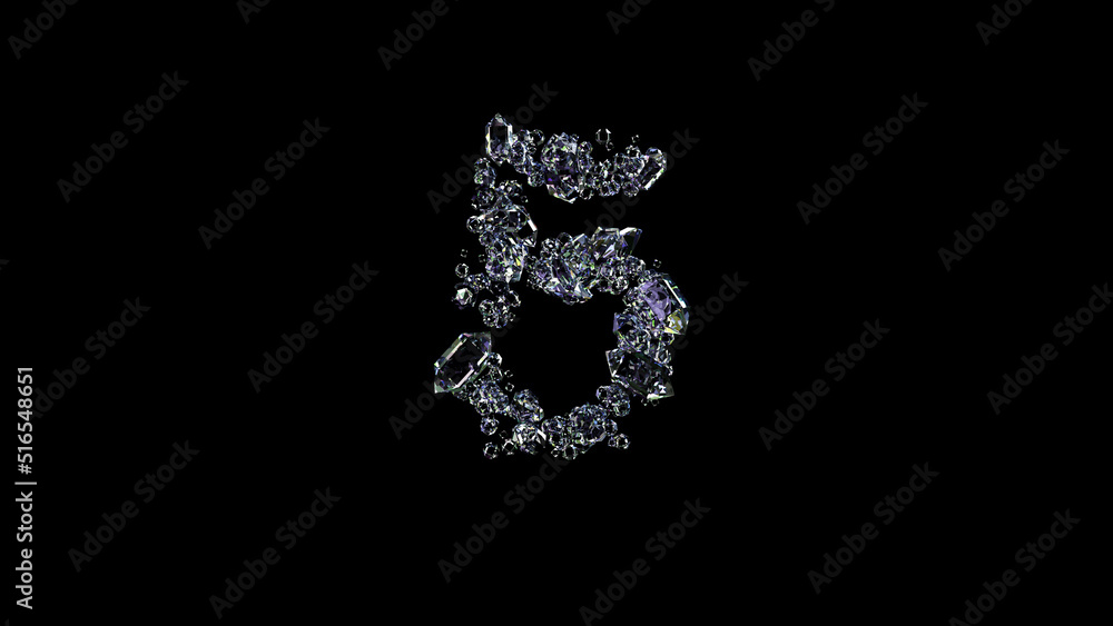 crystal glowing transparent diamonds number 5 on black, isolated - object 3D illustration crystal glowing transparent diamonds number 5 on black, isolated - object 3D illustration