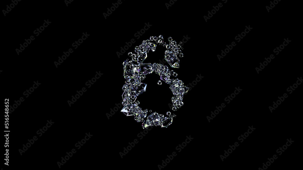 crystal glowing transparent diamonds number 6 on black, isolated - object 3D rendering