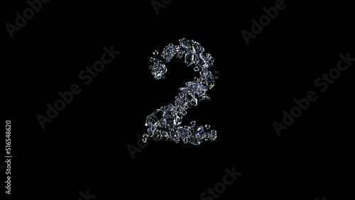crystal glowing transparent diamonds number 2 on black, isolated - object 3D rendering
