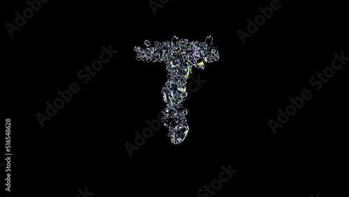 crystal lighting clear brilliants letter T on black, isolated - object 3D rendering