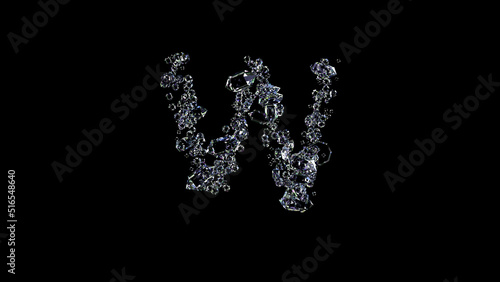crystal lighting finest brilliants letter W on black, isolated - object 3D rendering