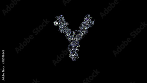 crystal glowing transparent diamonds letter Y on black, isolated - object 3D rendering