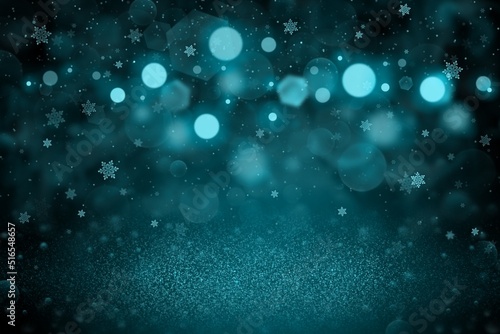 light blue wonderful sparkling glitter lights defocused bokeh abstract background with falling snow flakes fly, holiday mockup texture with blank space for your content