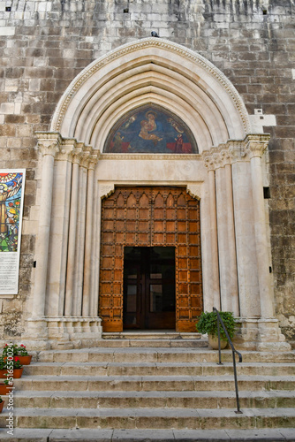 The entrance door into a medieval church in Sulmona, an Italian village in the Abruzzo region. © Giambattista