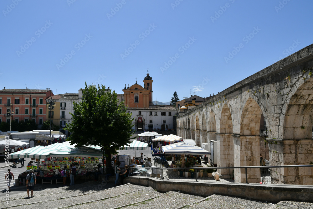 The market square of Sulmona, an Italian village in the Abruzzo region.
