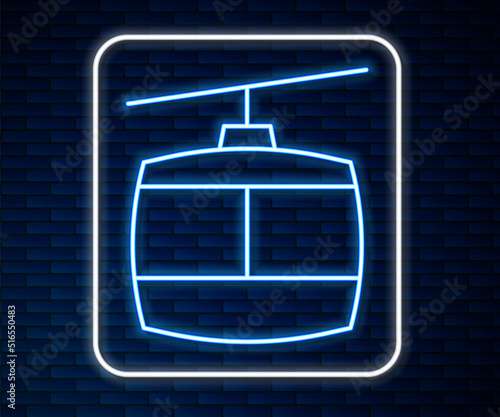 Glowing neon line Cable car icon isolated on brick wall background. Funicular sign. Vector