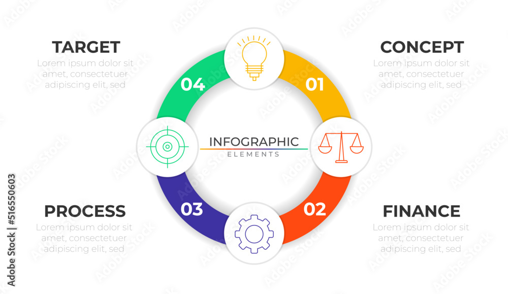Fototapeta premium Circular process infographic elements plan concept design vector with icons. Four steps workflow network project template for presentation and report. 