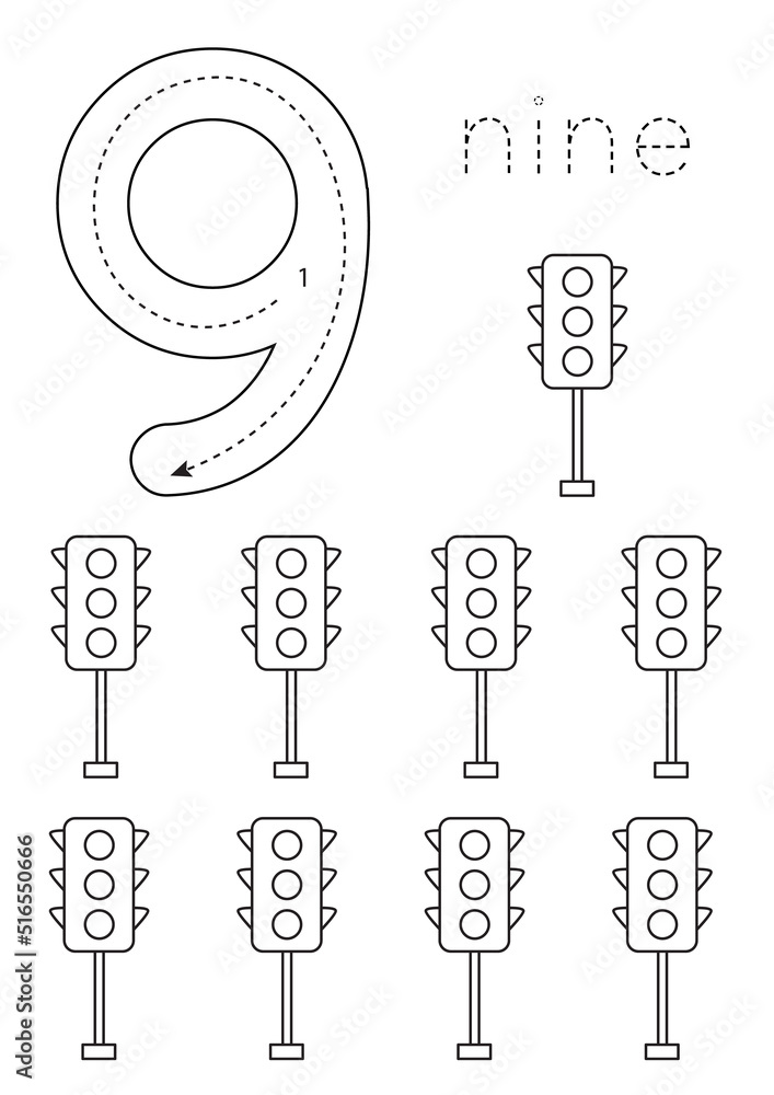 Flashcard Number 9 Preschool Worksheet Black And White Transport