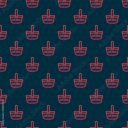 Red line Picnic basket icon isolated seamless pattern on black background. Vector