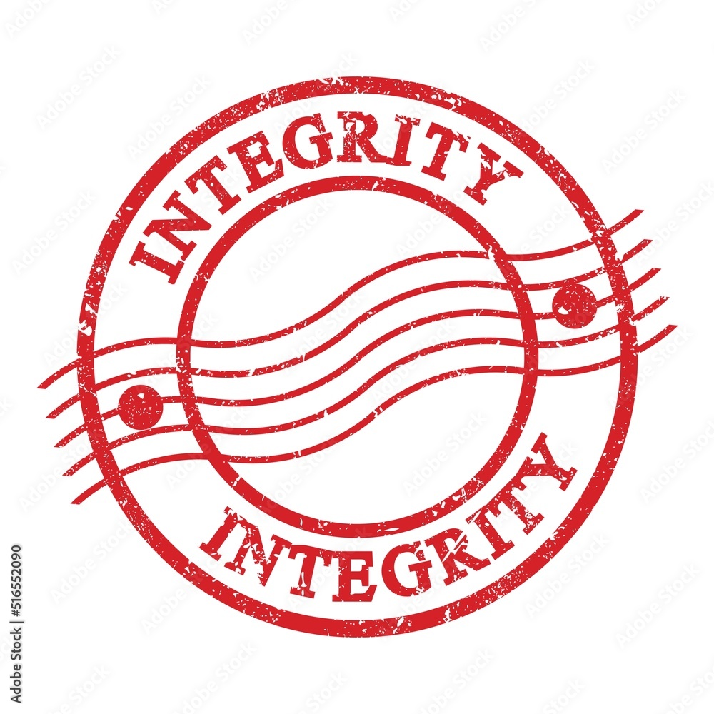 INTEGRITY, text written on red postal stamp. INTEGRITY, text written on red postal stamp.