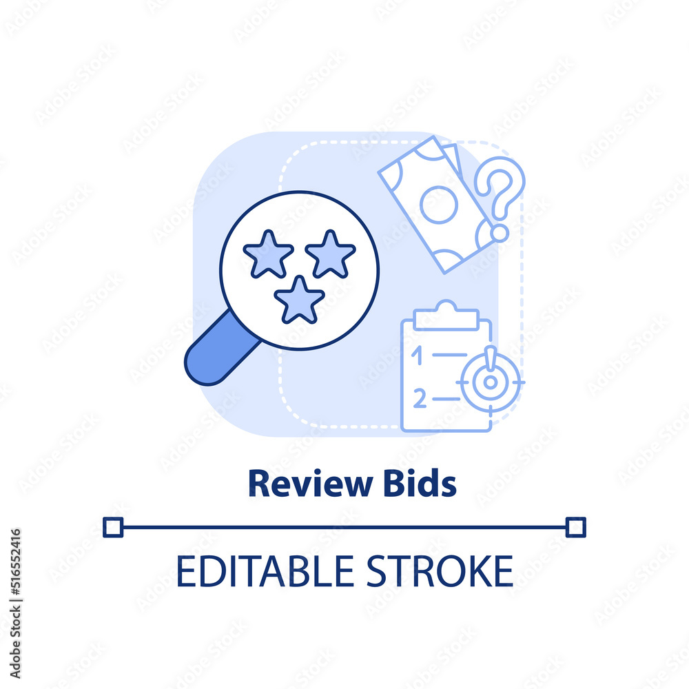Review bids light blue concept icon. Procurement management abstract idea thin line illustration. Preliminary examination. Isolated outline drawing. Editable stroke. Arial, Myriad Pro-Bold fonts used