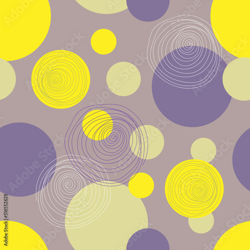 Abstract seamless pattern with yellow and purple spirals and circles on a pale background. Colorful vector graphic design backdrop. Print for textile, fabric, wallpaper, paper wrapping and cover