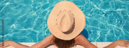 Woman with straw hat in swimming pool on sunny day, banner design