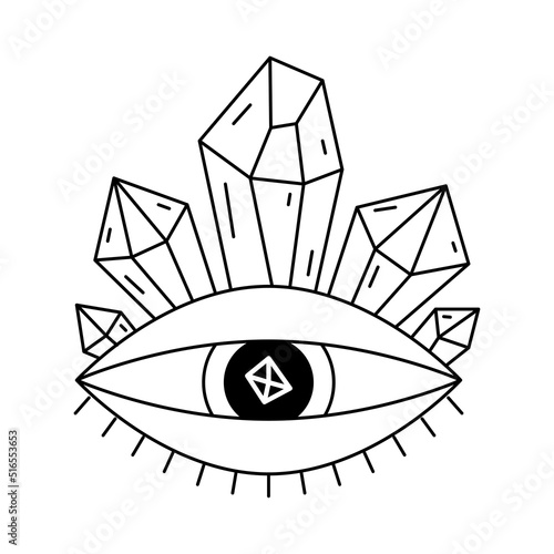 Evil Seeing eye symbol. Occult mystic emblem, graphic design tattoo. Esoteric sign alchemy, providence sight with crystals