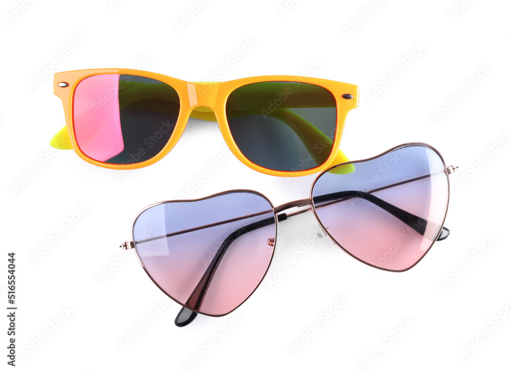 Different stylish sunglasses on white background. Sun protection Different stylish sunglasses on white background. Sun protection