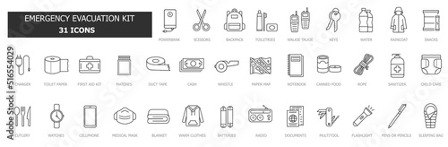 Vector objects set on white background of survival emergency kit for evacuation or disasters. Flat icon collection pack. Simple vector icons