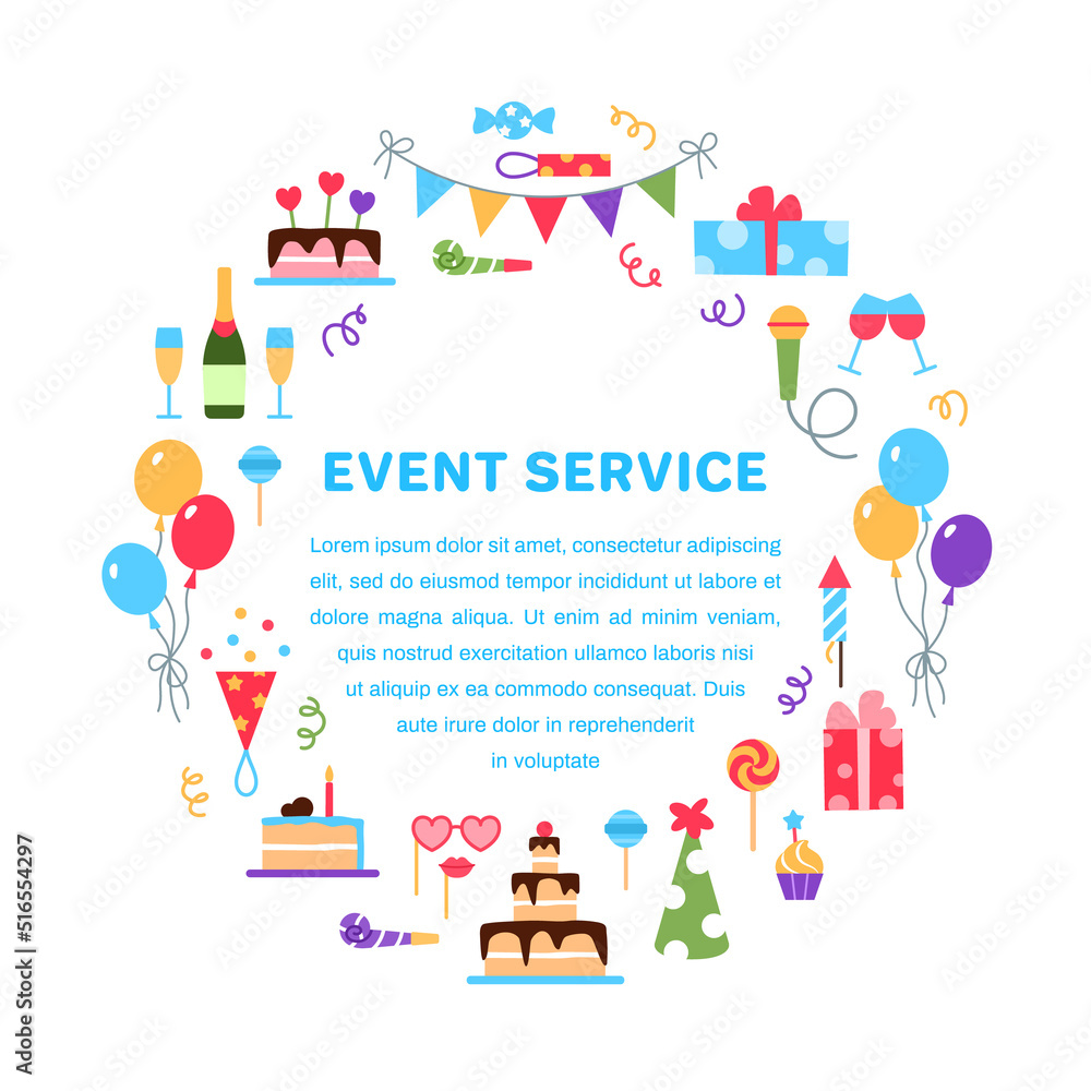 Event service circle frame with space for text. Concept on white background. Flat holiday management design. Birthday party celebration arrangement business. Beautiful balloon gift vector illustration Event service circle frame with space for text. Concept on white background. Flat holiday management design. Birthday party celebration arrangement business. Beautiful balloon gift vector illustration