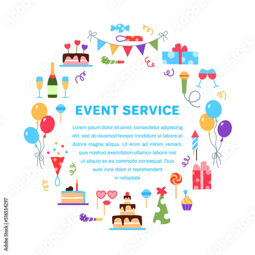Event service circle frame with space for text. Concept on white background. Flat holiday management design. Birthday party celebration arrangement business. Beautiful balloon gift vector illustration