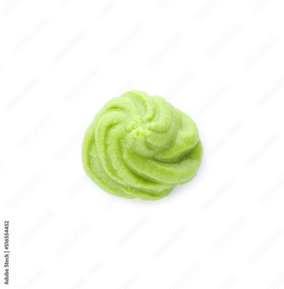 Swirl of delicious spicy wasabi paste isolated on white, top view Swirl of delicious spicy wasabi paste isolated on white, top view