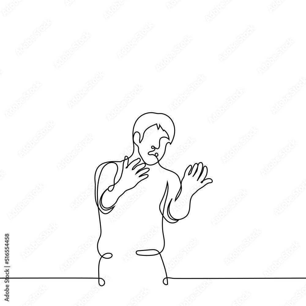 man stretched out his hands palms up open mouth - one line drawing vector. concept gesture of pleading and despair, ask for forgiveness, blame, beg someone