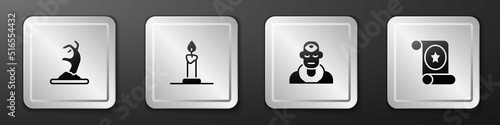 Set Zombie hand, Burning candle in candlestick, Wizard warlock and Magic scroll icon. Silver square button. Vector