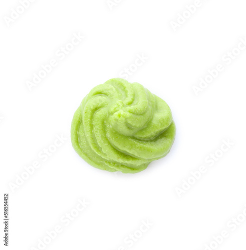 Swirl of delicious spicy wasabi paste isolated on white, top view
