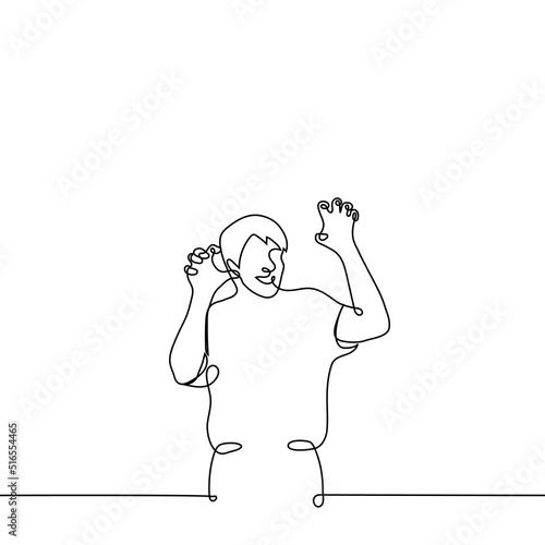 man stands with his fingers bent like paws with claws like those of a predatory beast - one line drawing vector. the concept of an imitation of a growl, a playful attempt to scare, a game that depicts