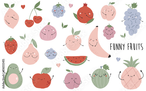 Set of funny colorful fruit characters, colorful flat illustrations