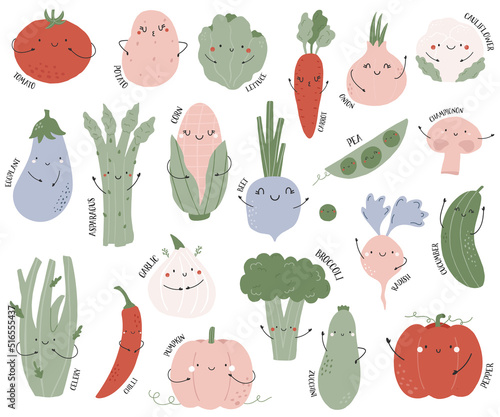 Set of cheerful funny vegetables, coloful illustrations