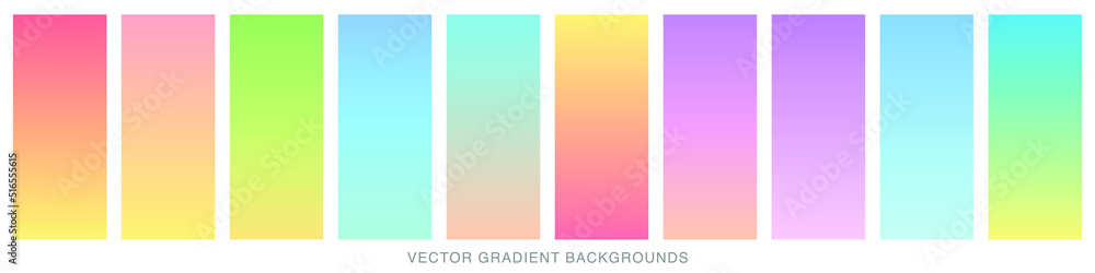 Collection of colorful smooth gradient background for graphic design. Soft color modern screen vector design for mobile app. Blue, green, turquoise, bright, red, yellow, abstract. EPS 10.