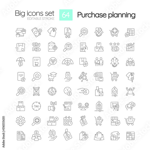 Procurement planning process linear icons set. Efficient products acquisition. Customizable thin line symbols. Isolated vector outline illustrations. Editable stroke. Quicksand-Light font used