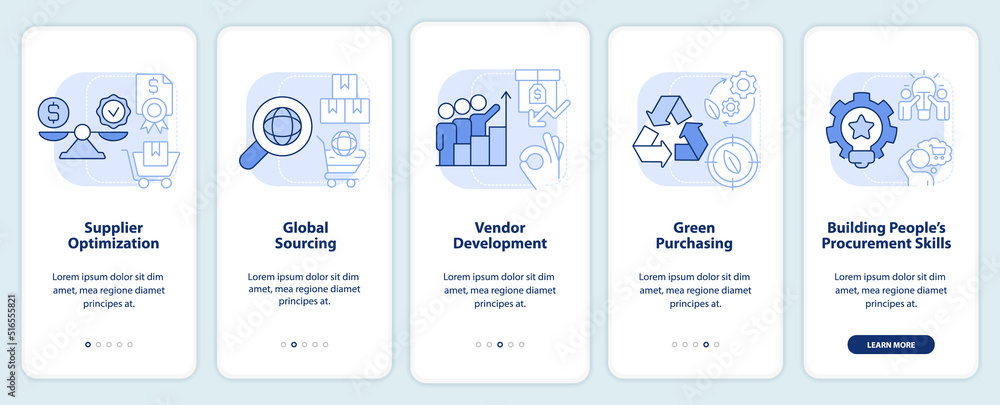 Core purchasing strategies light blue onboarding mobile app screen. Walkthrough 5 steps editable graphic instructions with linear concepts. UI, UX, GUI template. Myriad Pro-Bold, Regular fonts used