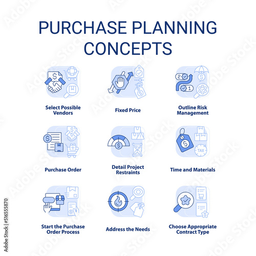 Purchase planning light blue concept icons set. Procurement order idea thin line color illustrations. Risk management. Isolated symbols. Editable stroke. Roboto-Medium, Myriad Pro-Bold fonts used