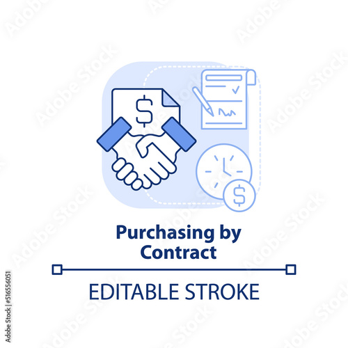 Purchasing by contract light blue concept icon. Purchase order in business abstract idea thin line illustration. Agreement. Isolated outline drawing. Editable stroke. Arial, Myriad Pro-Bold fonts used