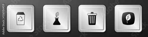 Set Recycle bin, Plant breeding, Trash can and Leaf Eco symbol icon. Silver square button. Vector