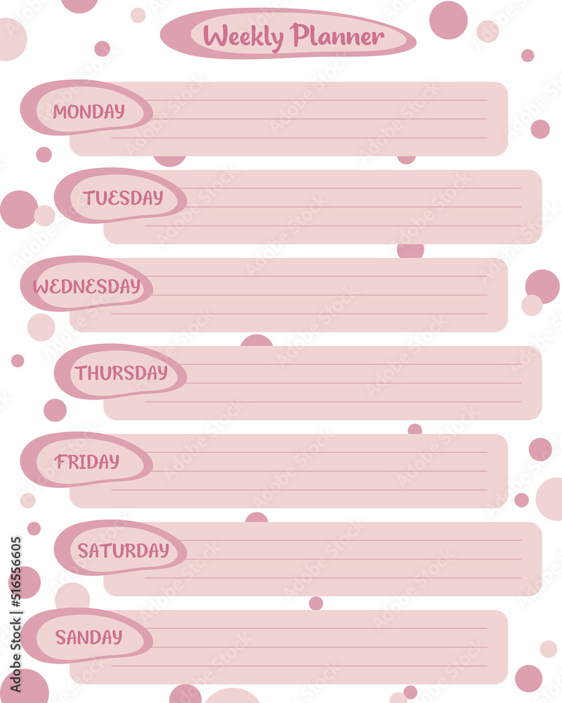Weekly planner template. Organizer and schedule with place for notes Weekly planner template. Organizer and schedule with place for notes