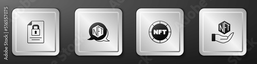 Set Document and lock, NFT Digital crypto art, and icon. Silver square button. Vector