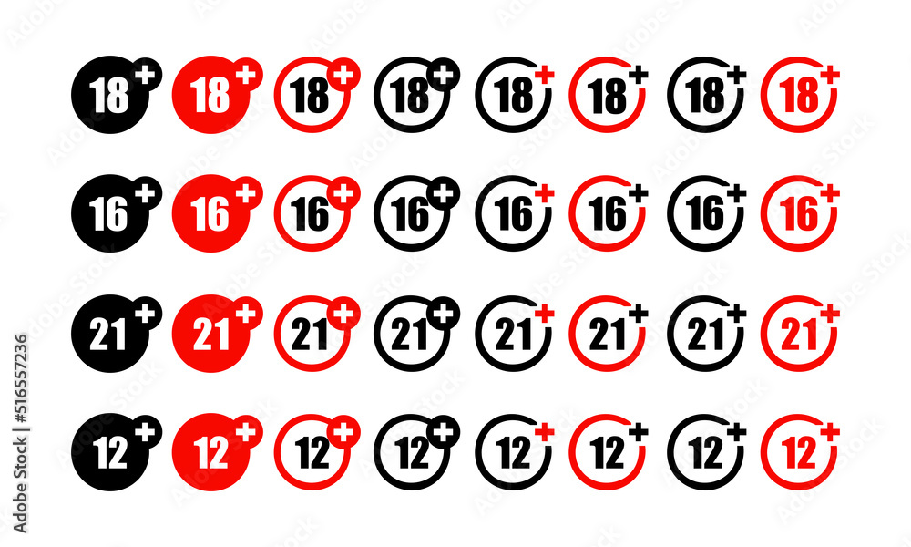 Age limit dark stickers set isolated on gray background. Adults only sign symbol icon. Under years old prohibited label. Do not enter or do not use minors. Easy to edit Age limit dark stickers set isolated on gray background. Adults only sign symbol icon. Under years old prohibited label. Do not enter or do not use minors. Easy to edit