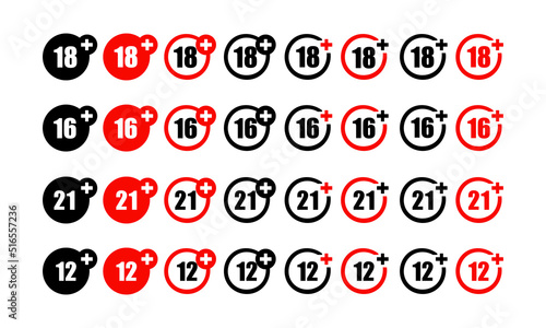 Age limit dark stickers set isolated on gray background. Adults only sign symbol icon. Under years old prohibited label. Do not enter or do not use minors. Easy to edit