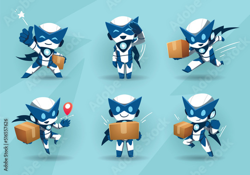 set of blue robot super hero mascot delivery package
