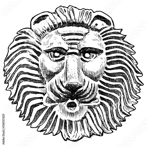 Hand drawing of decorative round architectural detail in shape of lion head