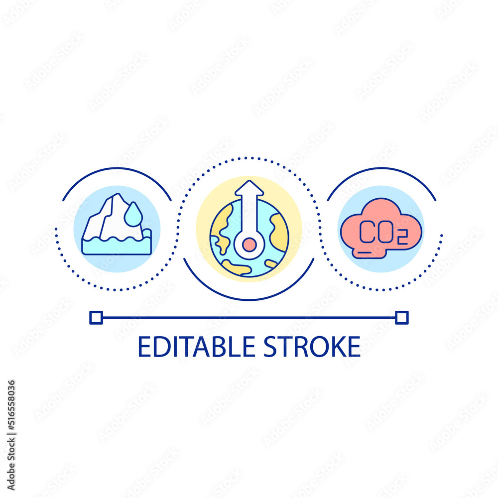 Global warming effect loop concept icon. Greenhouse effect. Climate changing and environment abstract idea thin line illustration. Isolated outline drawing. Editable stroke. Arial font used Global warming effect loop concept icon. Greenhouse effect. Climate changing and environment abstract idea thin line illustration. Isolated outline drawing. Editable stroke. Arial font used