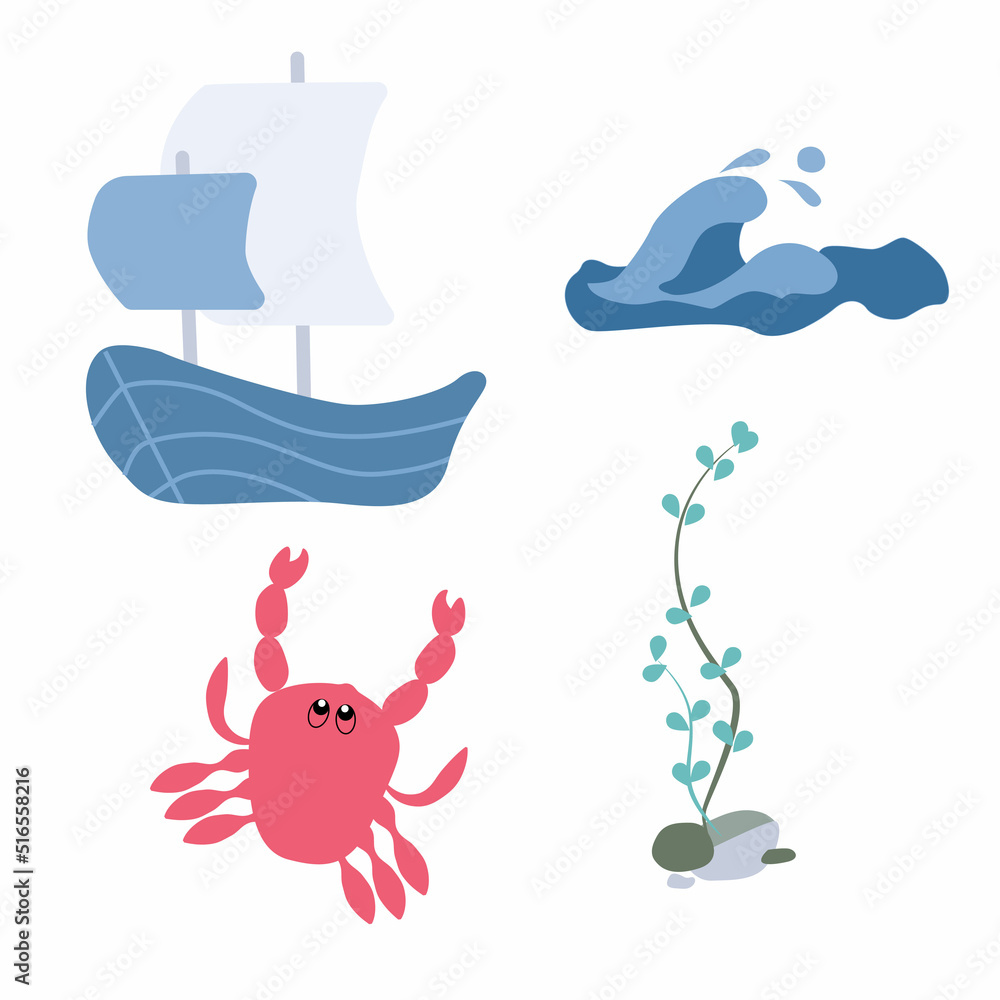 Nautical set: boat, algae, crab, sea wave. Vector illustration isolated on white background.