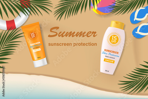 Sunscreen advertising on beautiful beach decorations and tropical plants in 3d illustration, top view