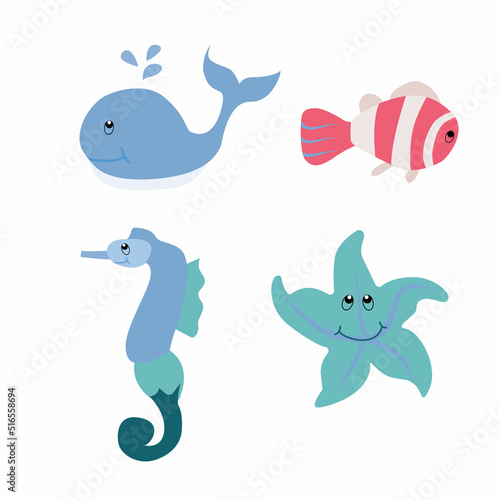 Sea animals. Whale  fish  sea horse  starfish. Vector isolated illustration on white background.