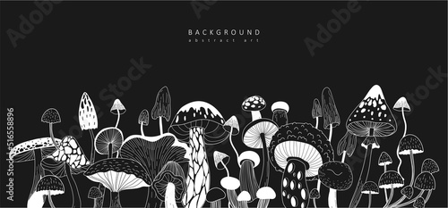 Set of various mystical mushrooms. Hippie magic boho wall art background. Psychedelic vector illustration. Magic and boho texture. Hand drawn style