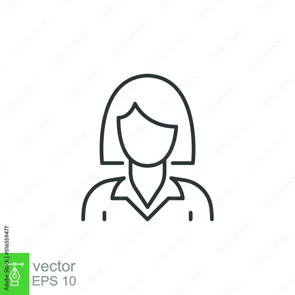 Business woman thin line icon. Female employee, businesswoman avatar, user symbol. Simple outline style linear stroke, manager, people, person silhouette, head pictogram. Vector design isolated EPS 10
