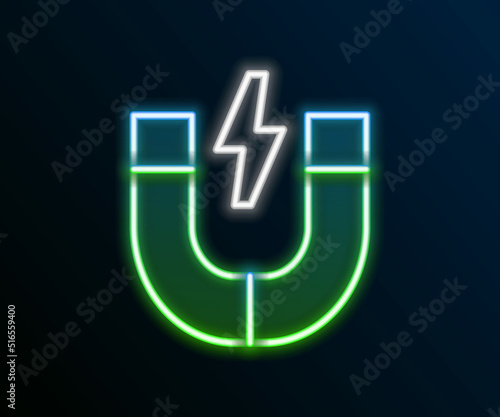 Glowing neon line Magnet icon isolated on black background. Horseshoe magnet, magnetism, magnetize, attraction. Colorful outline concept. Vector
