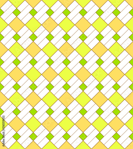 Vector seamless abstract geometric pattern. Bright yellow and green squares and diagonal lines on a white background.
